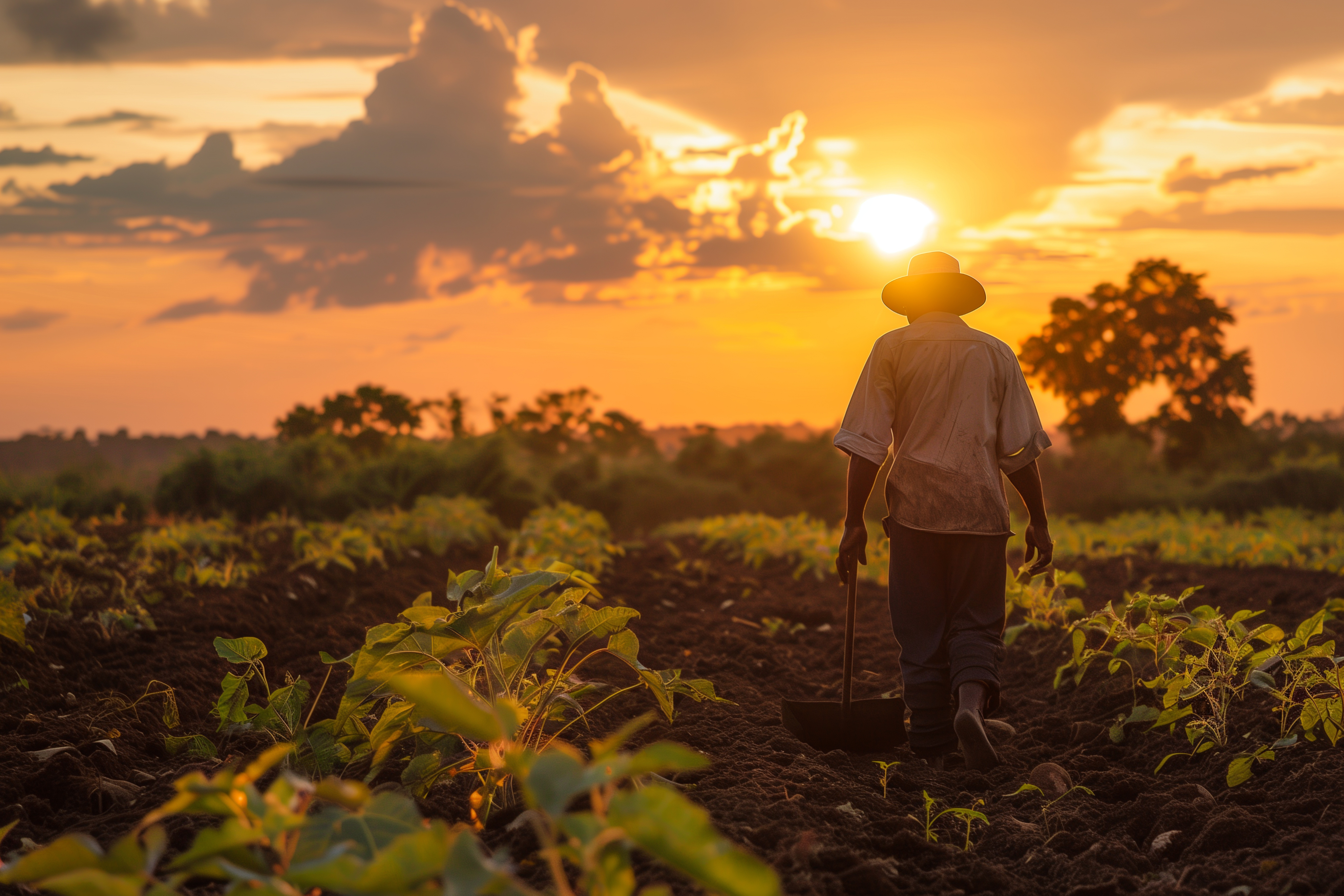 Farmer walking through a crop field